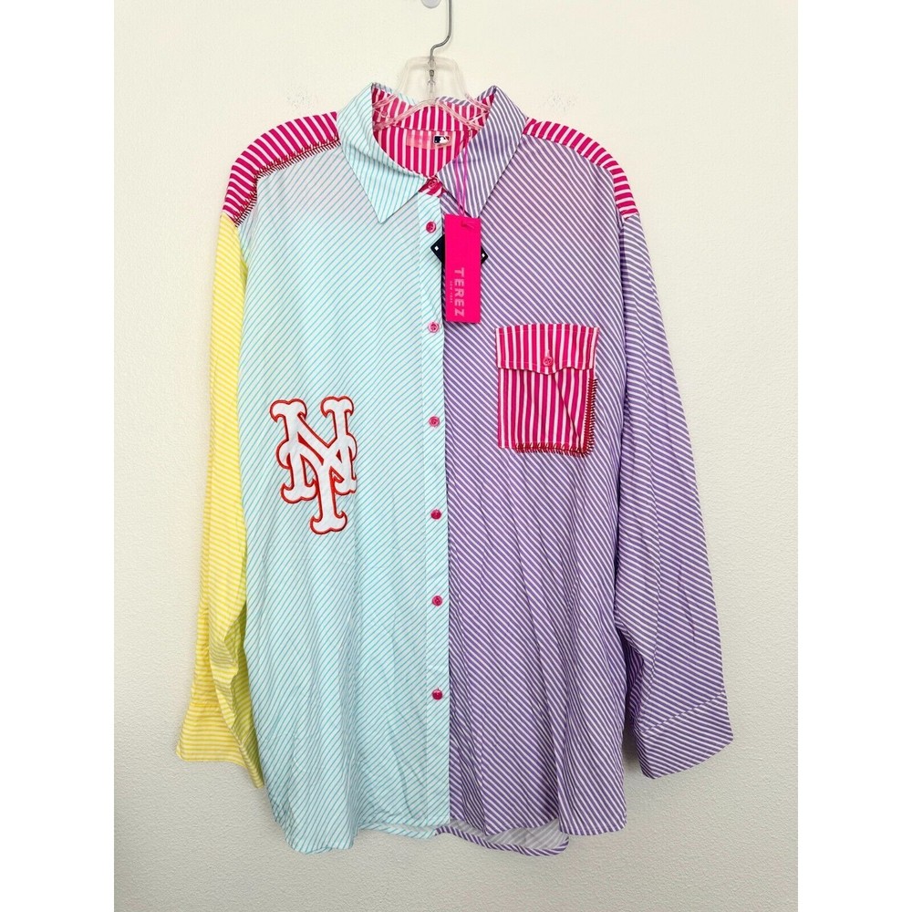 NWT Terez New York Mets MLB Striped Colorblock Button Down Shirt Size XLarge XL